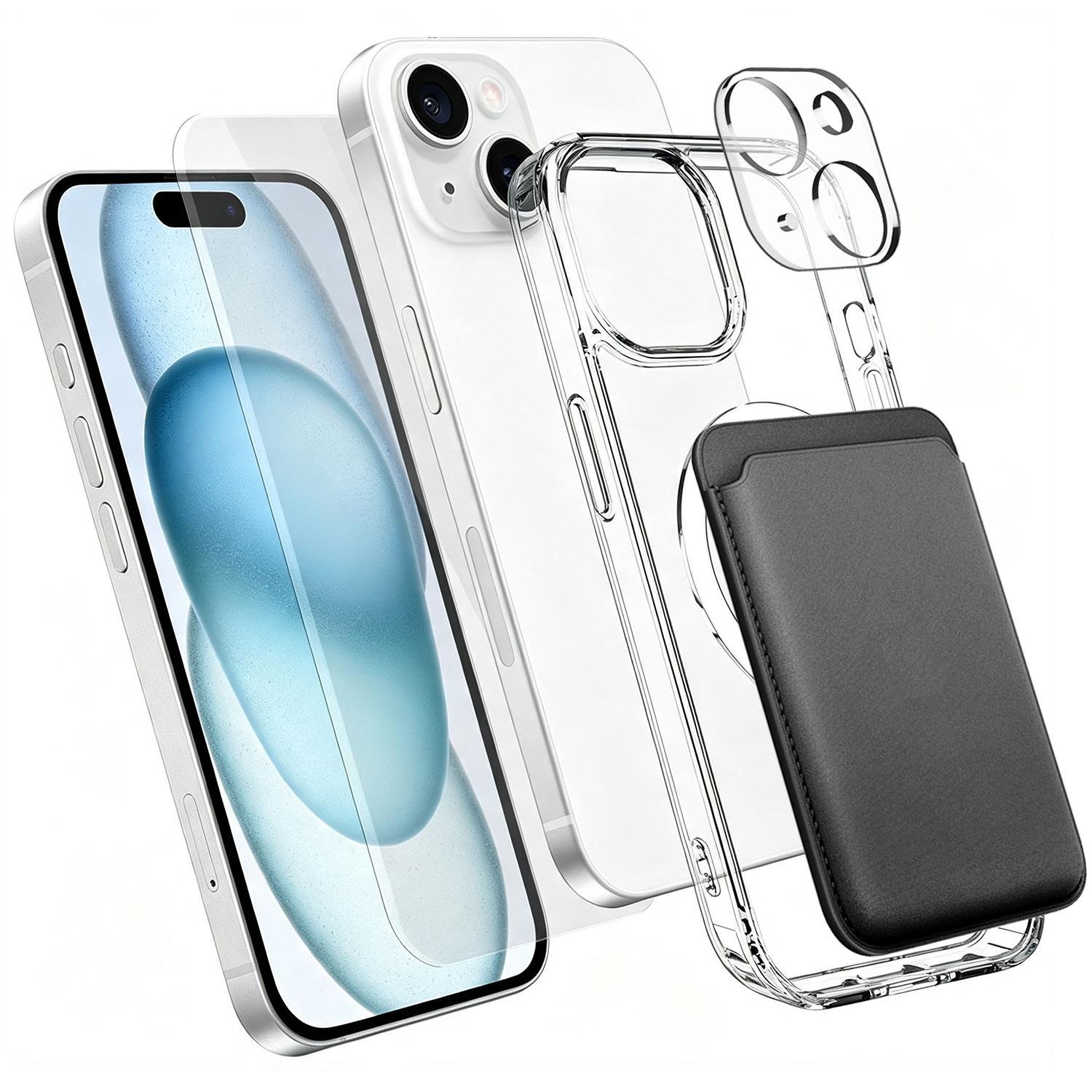 4 in 1 Set Clear Magnetic Phone Case with Screen Film + Lens Protector + Card Bag For iPhone 15 Plus(Transparent) - Shopkiz.com