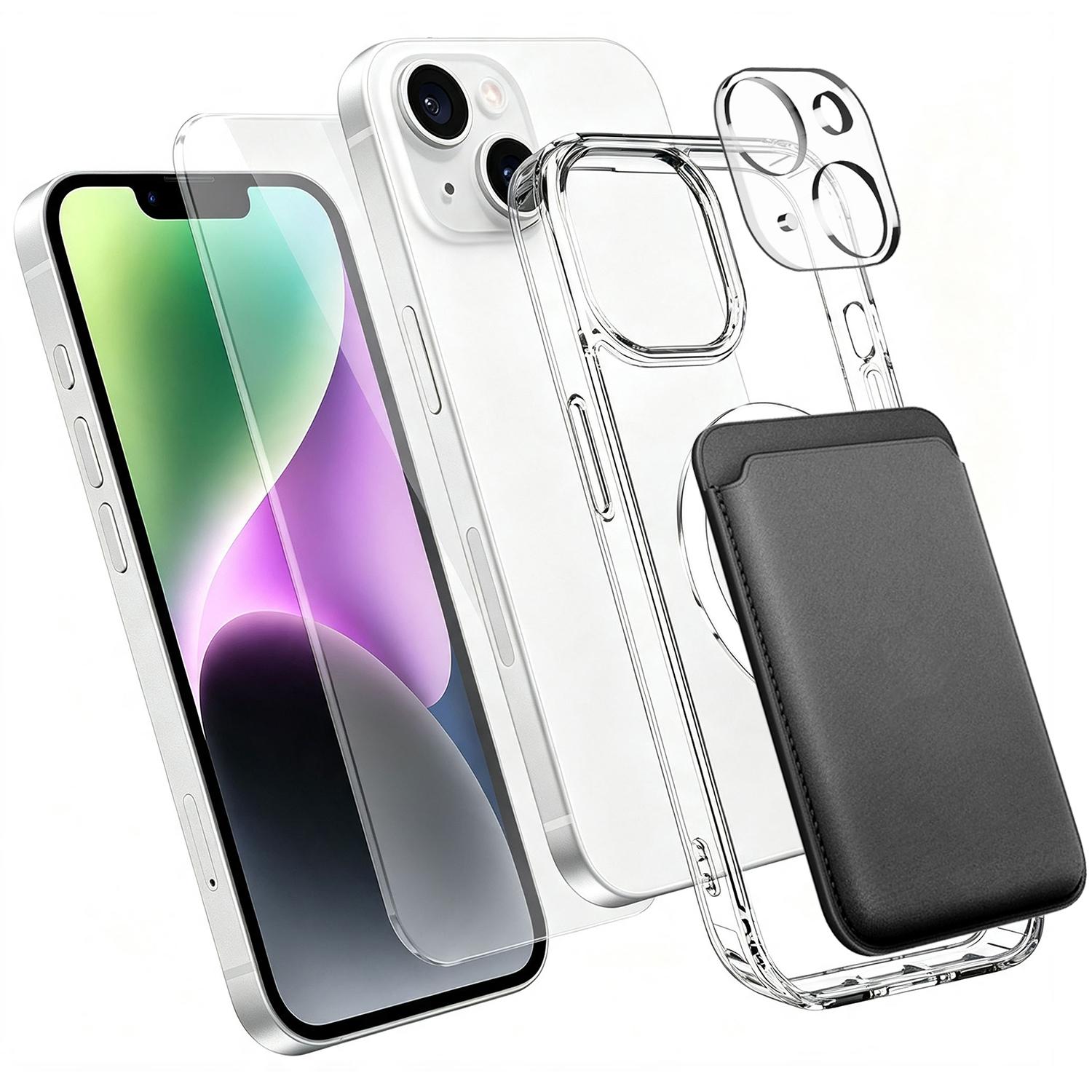 4 in 1 Set Clear Magnetic Phone Case with Screen Film + Lens Protector + Card Bag For iPhone 14 Plus(Transparent) - Shopkiz.com