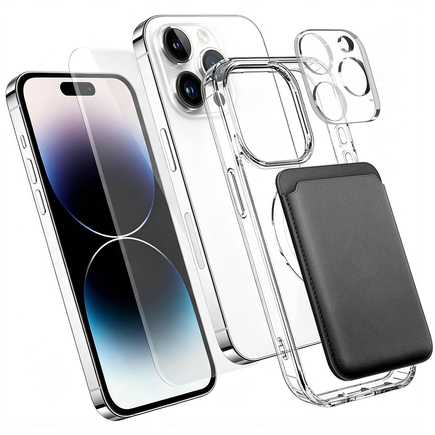 4 in 1 Set Clear Magnetic Phone Case with Screen Film + Lens Protector + Card Bag For iPhone 14 Pro(Transparent) - Shopkiz.com