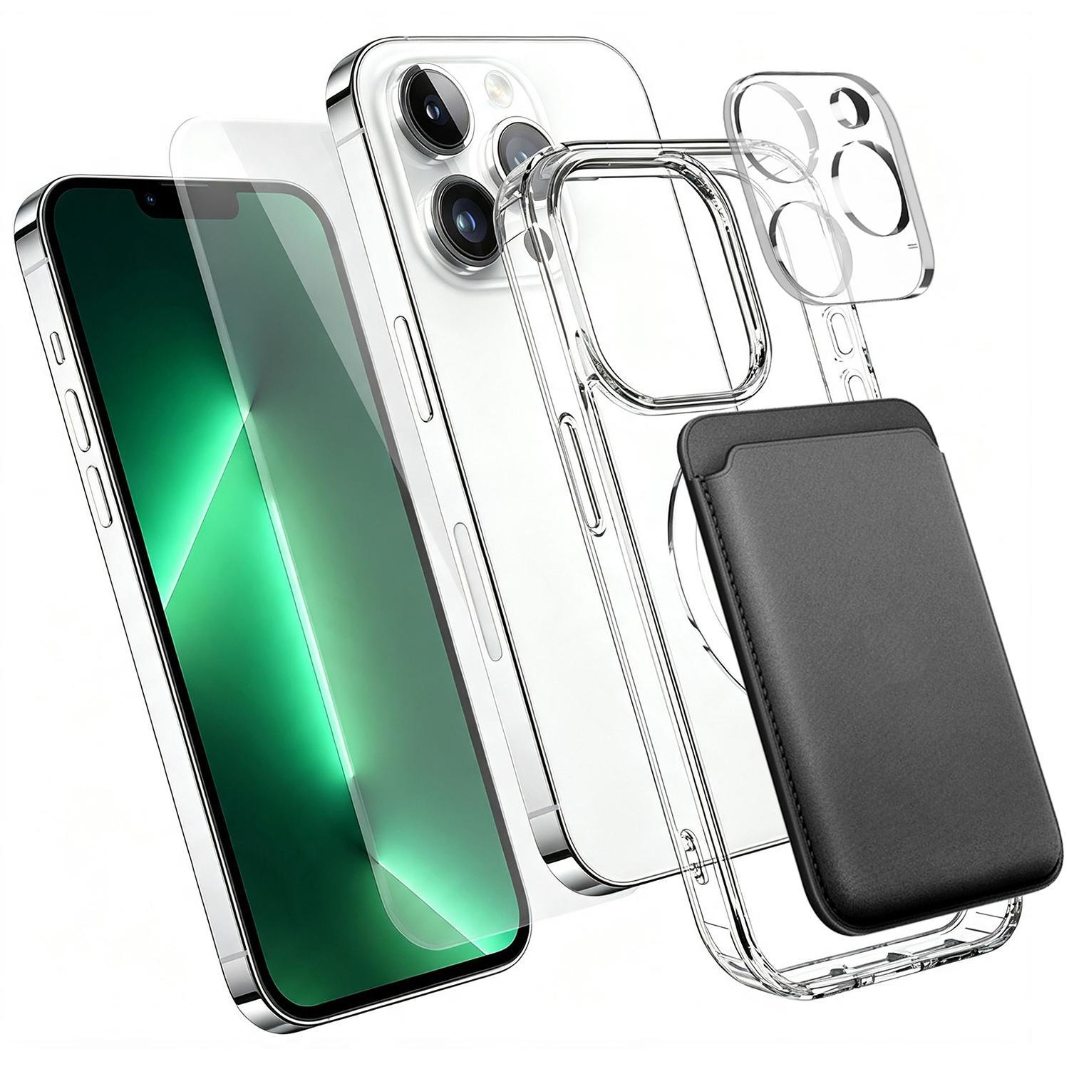 4 in 1 Set Clear Magnetic Phone Case with Screen Film + Lens Protector + Card Bag For iPhone 13 Pro(Transparent) - Shopkiz.com