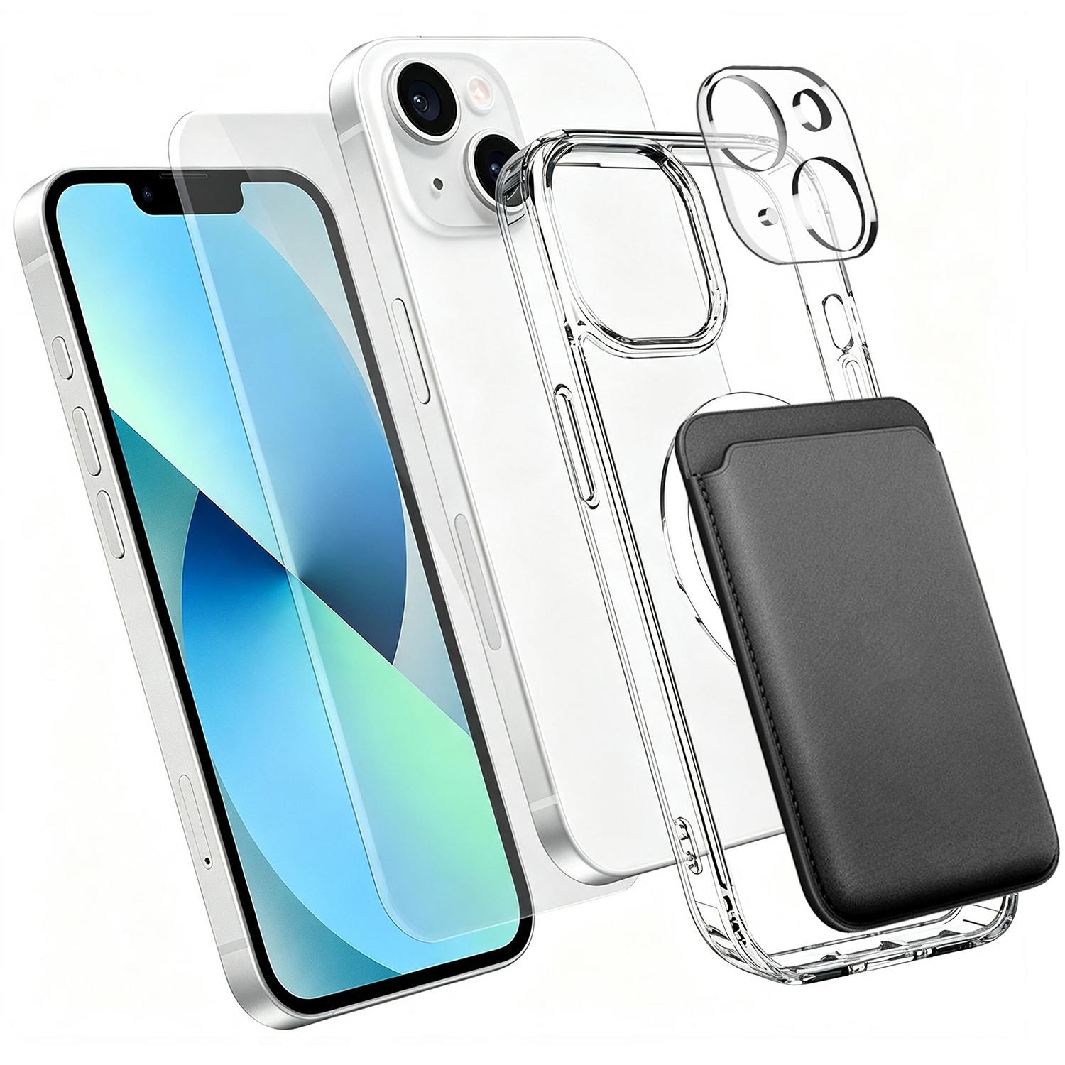 4 in 1 Set Clear Magnetic Phone Case with Screen Film + Lens Protector + Card Bag For iPhone 13(Transparent) - Shopkiz.com