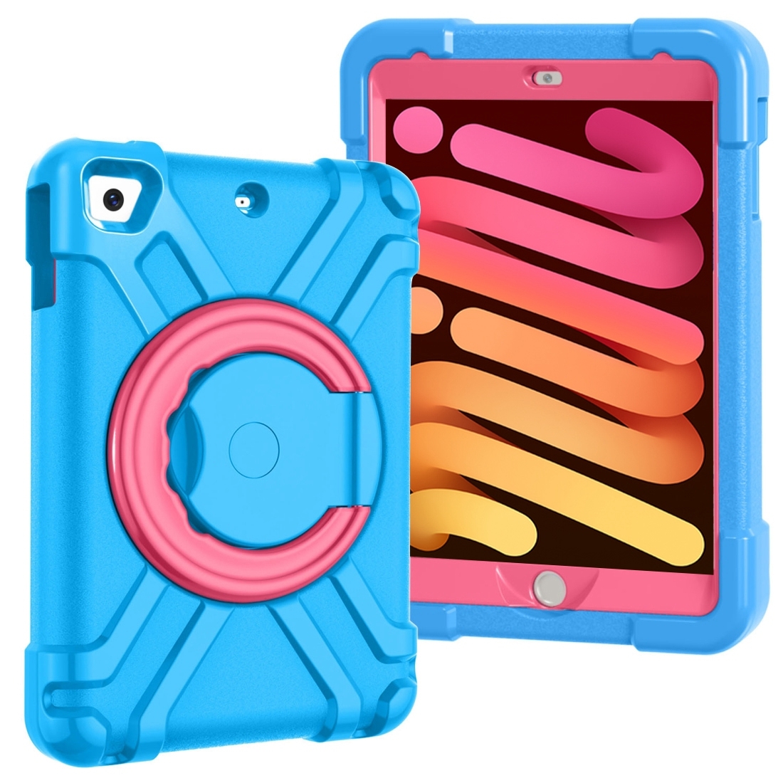 For iPad MINI1/2/3 EVA + PC Flat Protective Shell with 360 ° Rotating Bracket(Blue+Rose Red) - Shopkiz.com