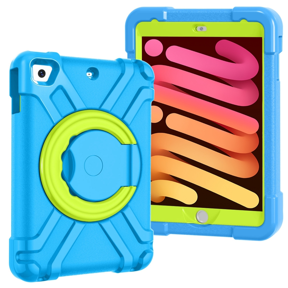 For iPad MINI1/2/3 EVA + PC Flat Protective Shell with 360 ° Rotating Bracket(Blue+Grass Green) - Shopkiz.com