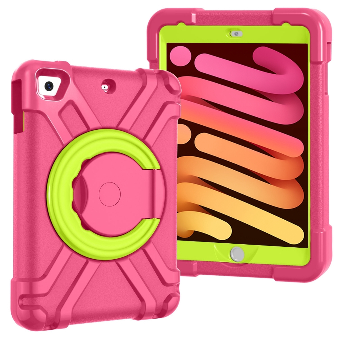 For iPad MINI1/2/3 EVA + PC Flat Protective Shell with 360 ° Rotating Bracket(Rose Red+Grass Green) - Shopkiz.com