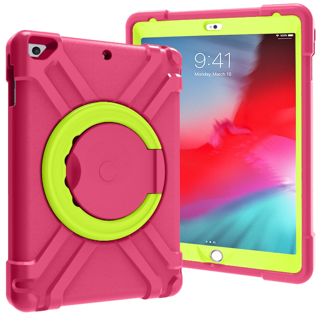 For iPad Air/Air2/Pro9.7 EVA + PC Flat Protective Shell with 360 ° Rotating Bracket(Rose Red+Grass Green) - Shopkiz.com