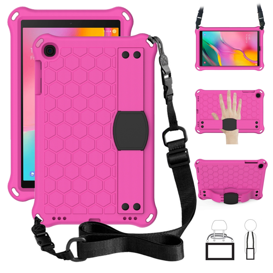 For GalaxyTab A 10.1 (2019) T510 Honeycomb Design EVA + PC Four Corner Anti Falling Flat Protective Shell With Straps(Rose Red+Black)