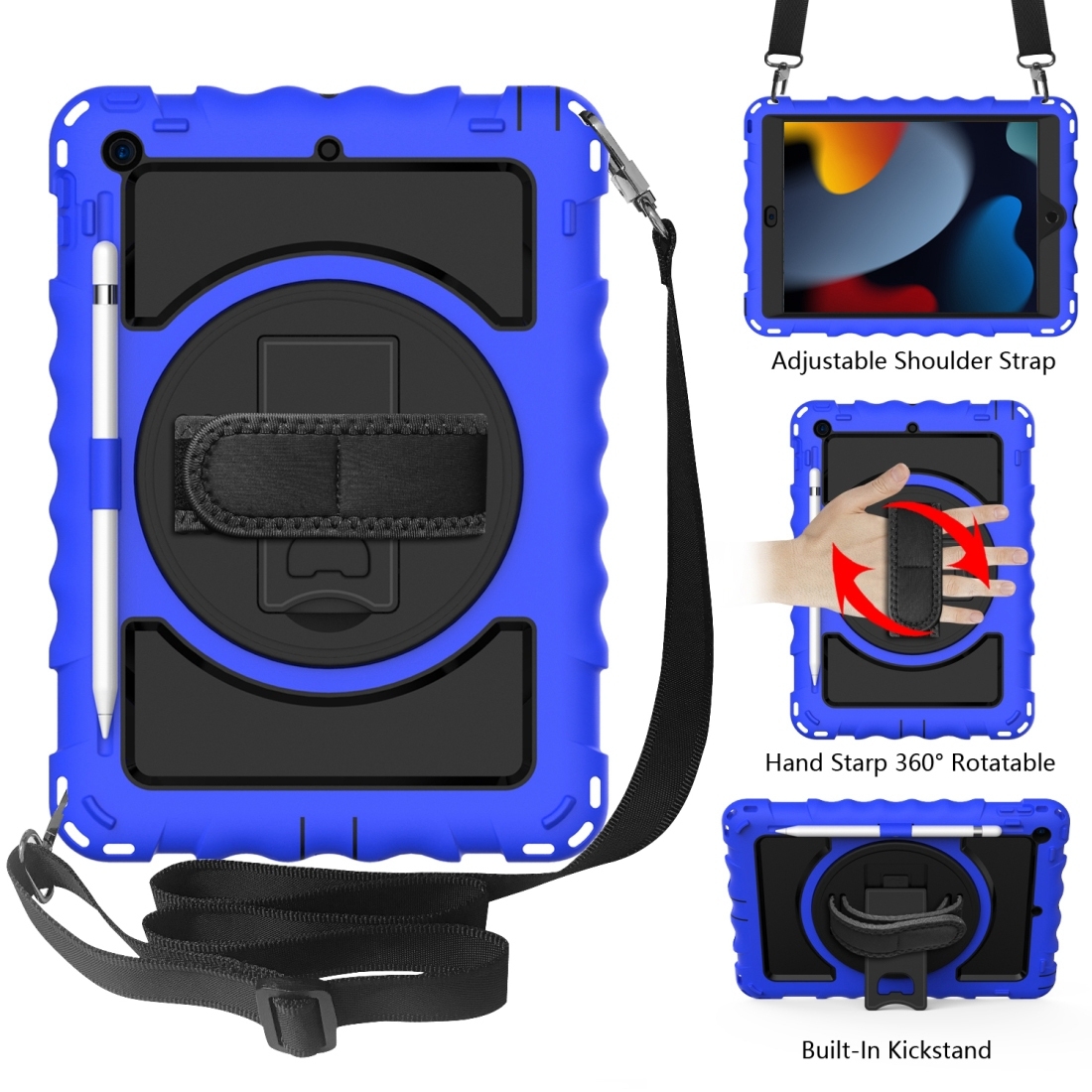 For iPad 10.2 360 Degree Rotating Case with Pencil Holder, Kickstand Shockproof Heavy Duty with Shoulder Strap,Hand Strap(Blue) - Shopkiz.com