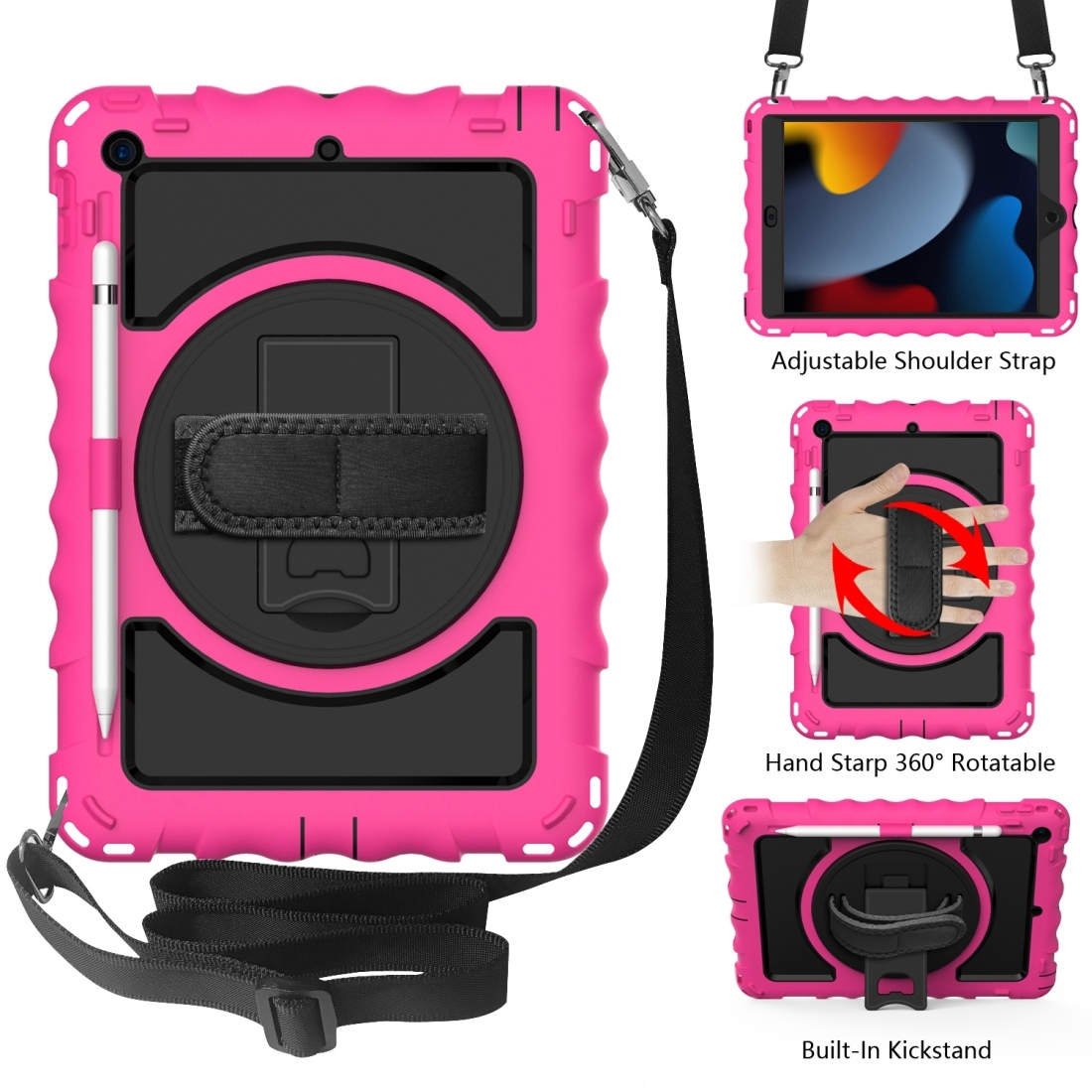 For iPad 10.2 360 Degree Rotating Case with Pencil Holder, Kickstand Shockproof Heavy Duty with Shoulder Strap,Hand Strap(Hot Pink) - Shopkiz.com