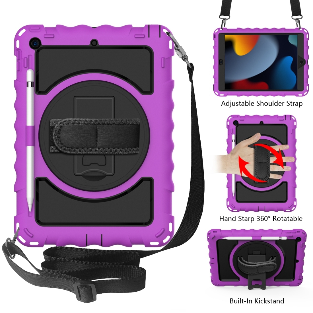 For iPad 10.2 360 Degree Rotating Case with Pencil Holder, Kickstand Shockproof Heavy Duty with Shoulder Strap,Hand Strap(Purple) - Shopkiz.com