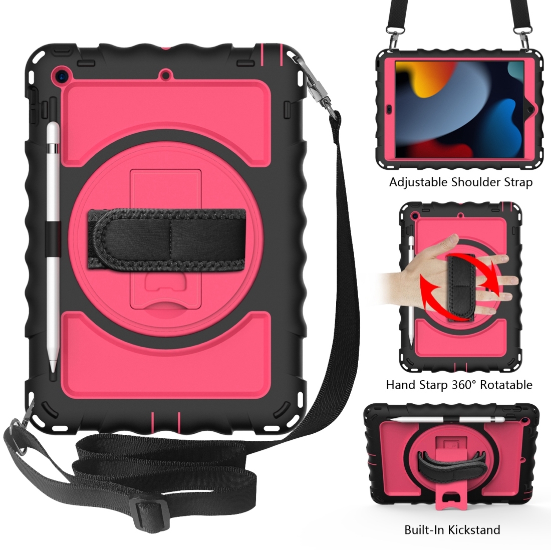 For iPad 10.2 360 Degree Rotating Case with Pencil Holder, Kickstand Shockproof Heavy Duty with Shoulder Strap,Hand Strap(Black+Hot Pink) -