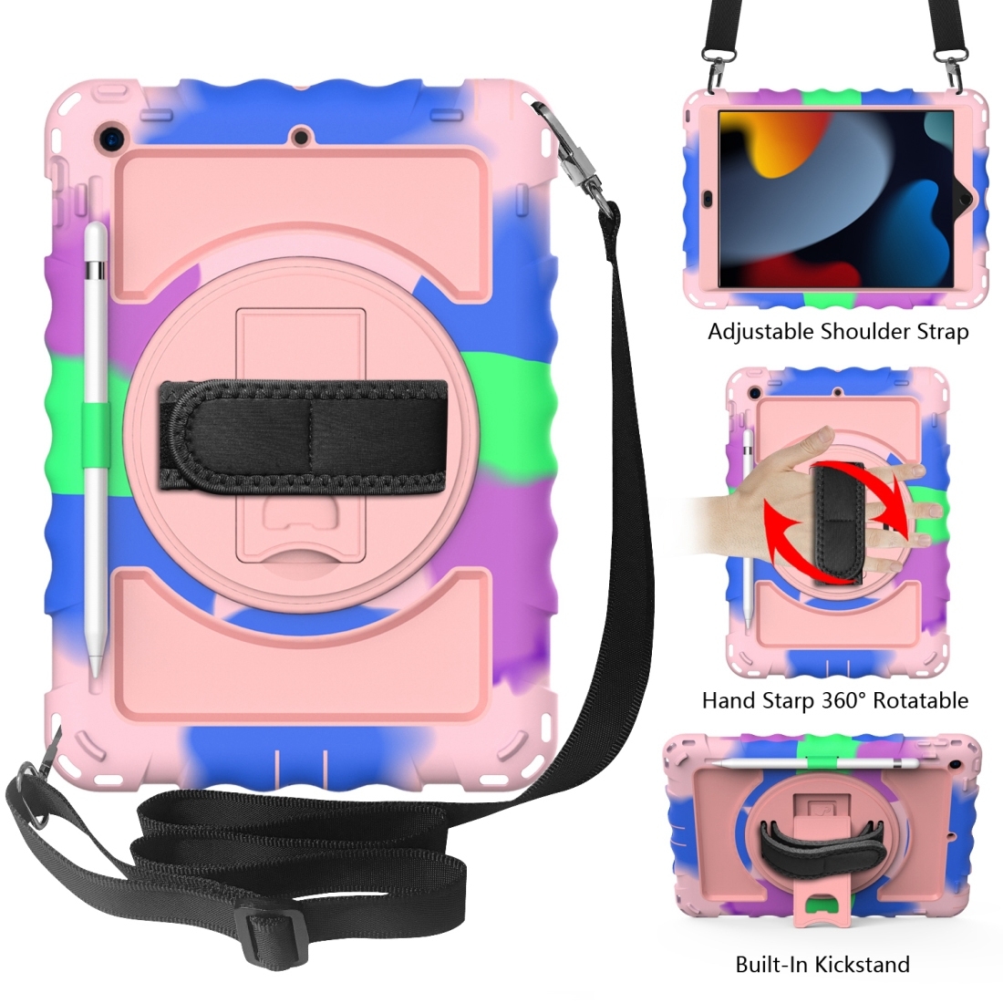 For iPad 10.2 360 Degree Rotating Case with Pencil Holder, Kickstand Shockproof Heavy Duty with Shoulder Strap,Hand Strap(Colorful+Rose Gold) -