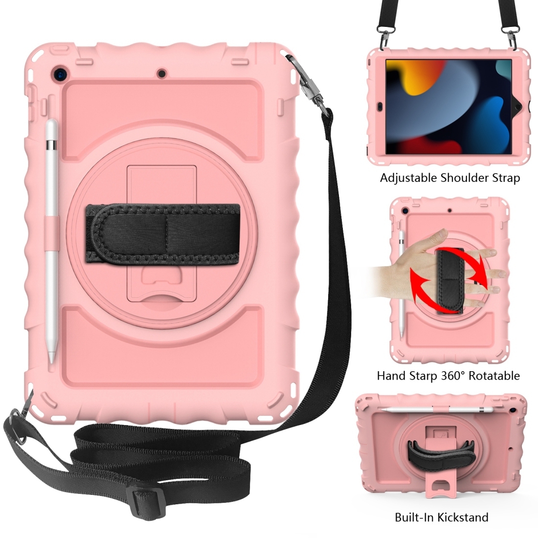For iPad 10.2 360 Degree Rotating Case with Pencil Holder, Kickstand Shockproof Heavy Duty with Shoulder Strap,Hand Strap(Rose Gold) - Shopkiz.com