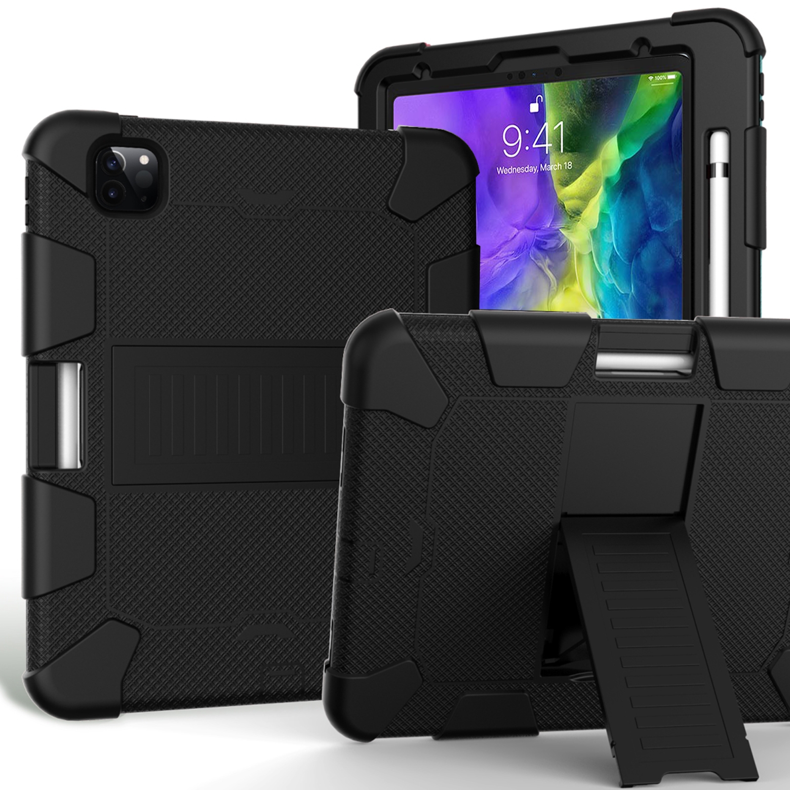 For iPad Pro 11 (2020) Shockproof Two-Color Silicone Protection Tablet Case with Holder & Pen Slot(Black) - Shopkiz.com