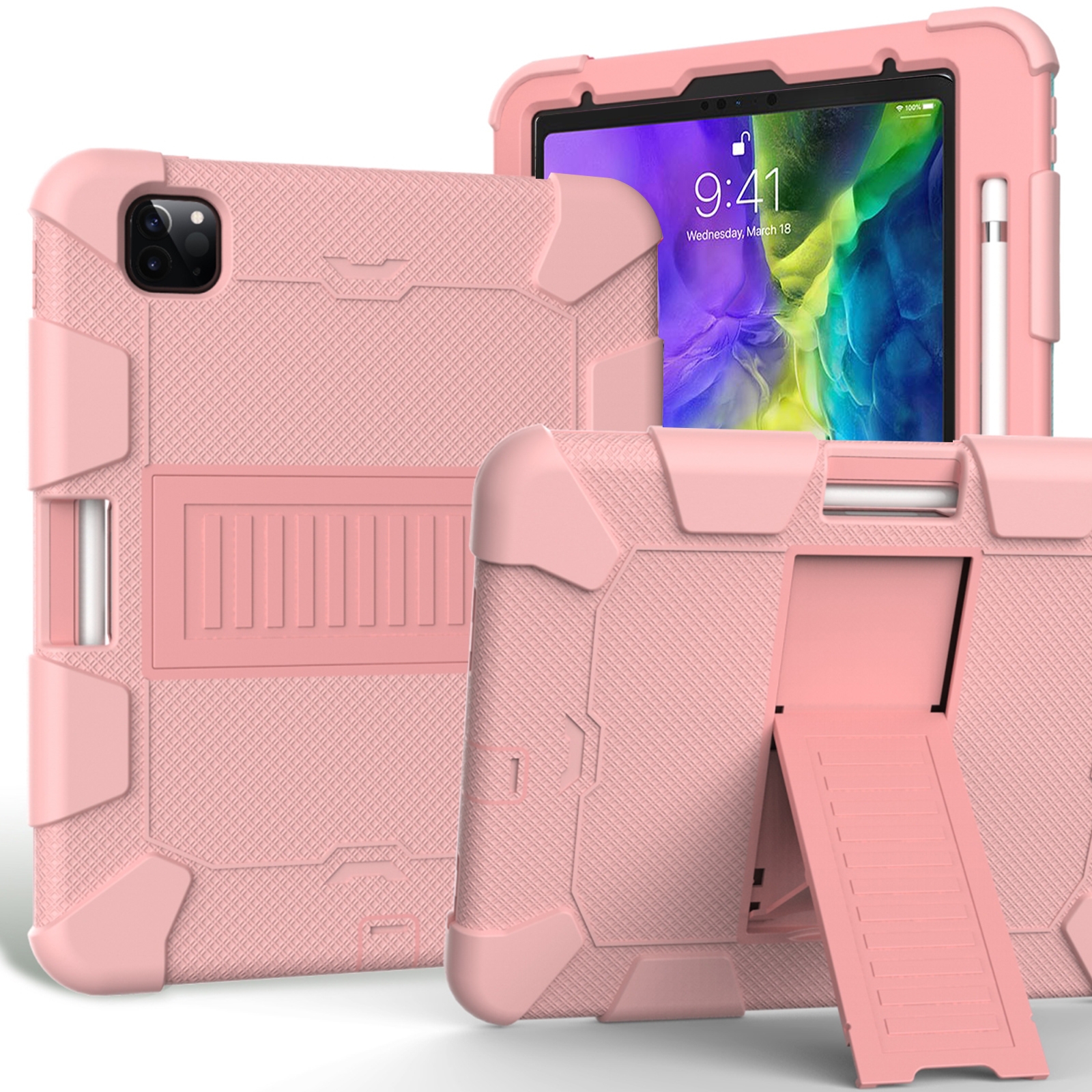 For iPad Pro 11 (2020) Shockproof Two-Color Silicone Protection Tablet Case with Holder & Pen Slot(Rose Gold) - Shopkiz.com