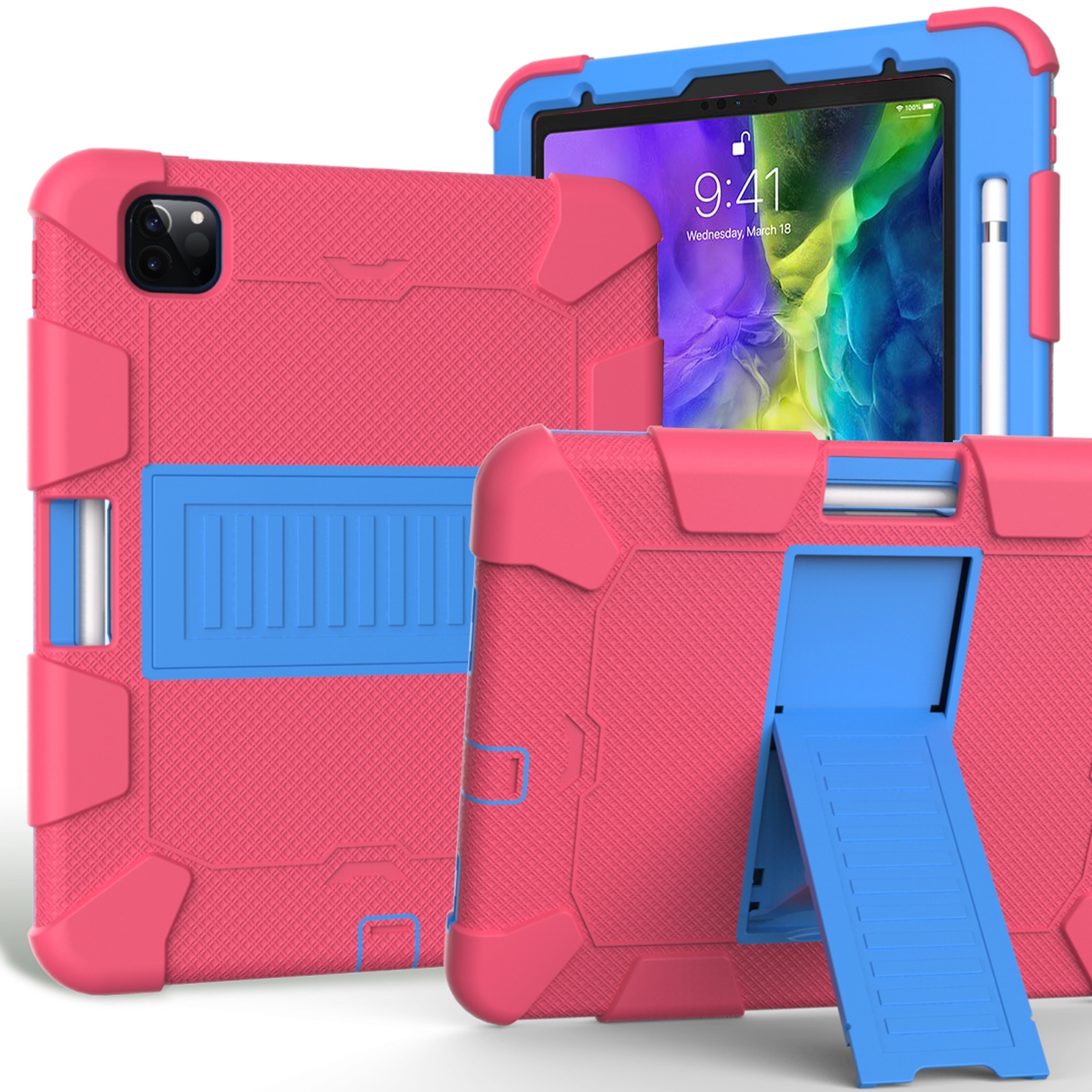 For iPad Pro 11 (2020) Shockproof Two-Color Silicone Protection Tablet Case with Holder & Pen Slot(Hot Pink+Blue) - Shopkiz.com