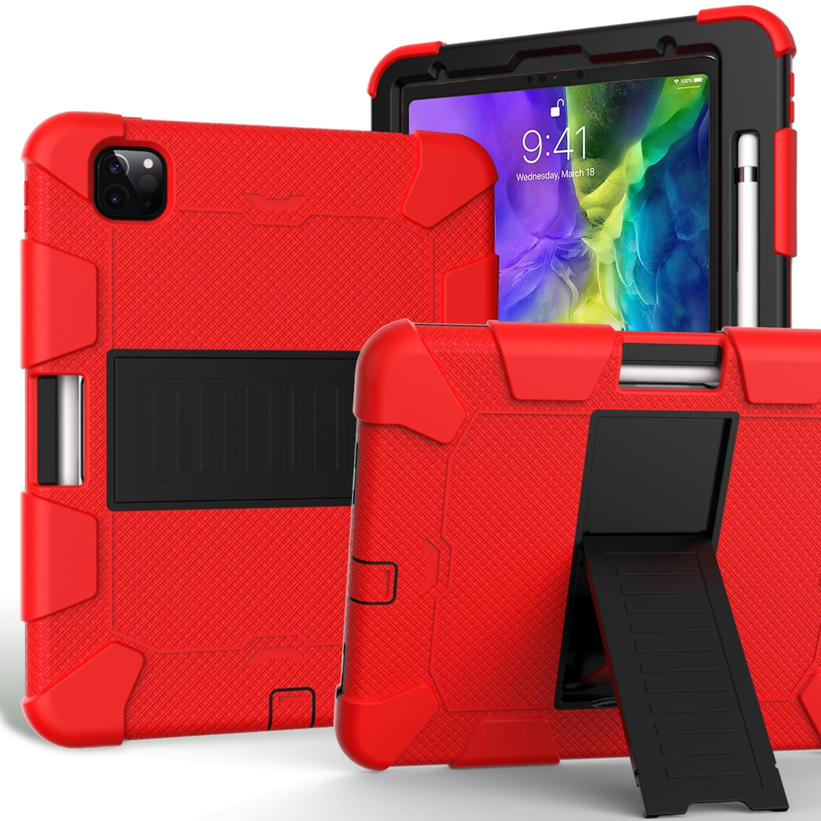 For iPad Pro 11 (2020) Shockproof Two-Color Silicone Protection Tablet Case with Holder & Pen Slot(Red+Black) - Shopkiz.com