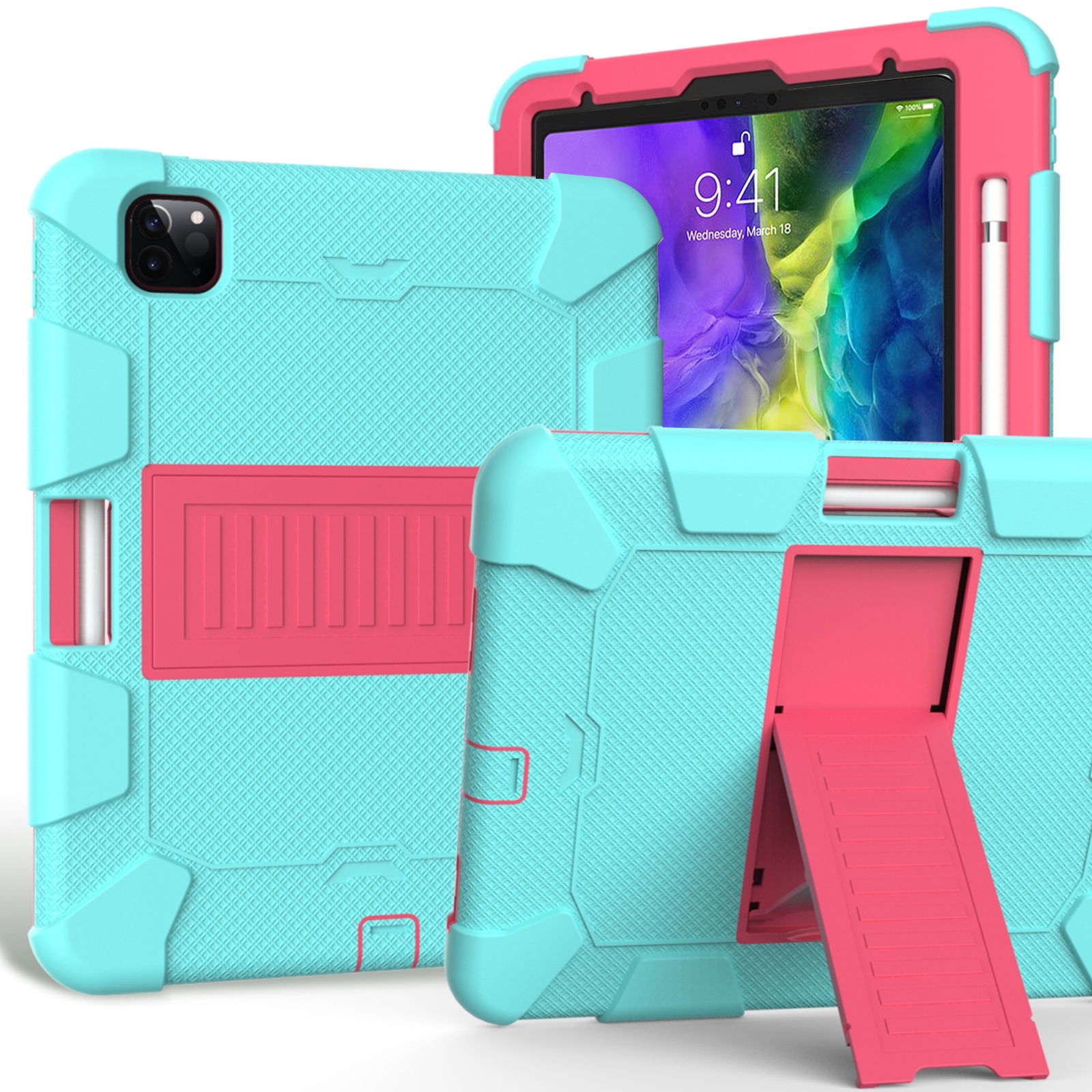 For iPad Pro 11 (2020) Shockproof Two-Color Silicone Protection Tablet Case with Holder & Pen Slot(Aqua+Hot Pink) - Shopkiz.com