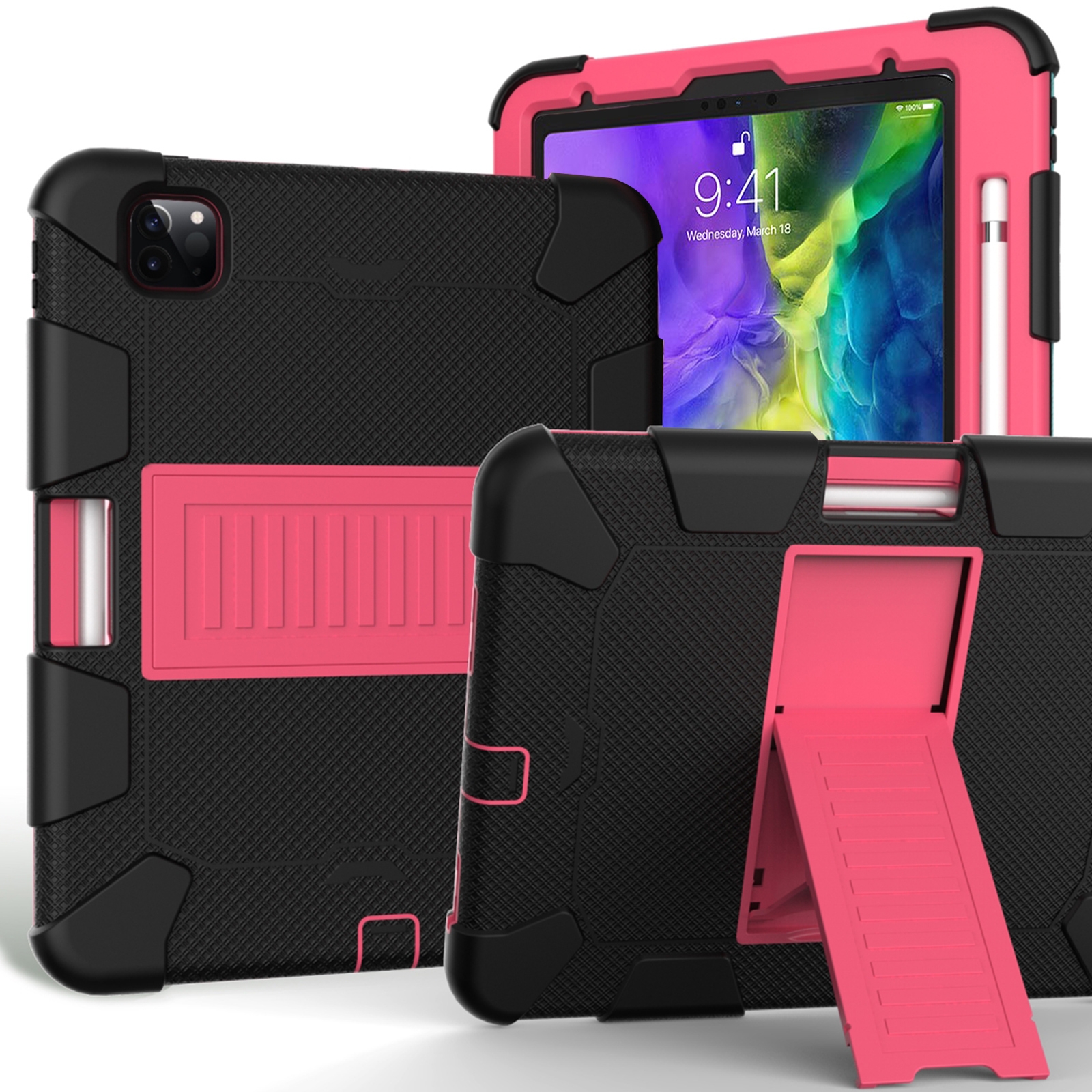 For iPad Pro 11 (2020) Shockproof Two-Color Silicone Protection Tablet Case with Holder & Pen Slot(Black+Hot Pink) - Shopkiz.com