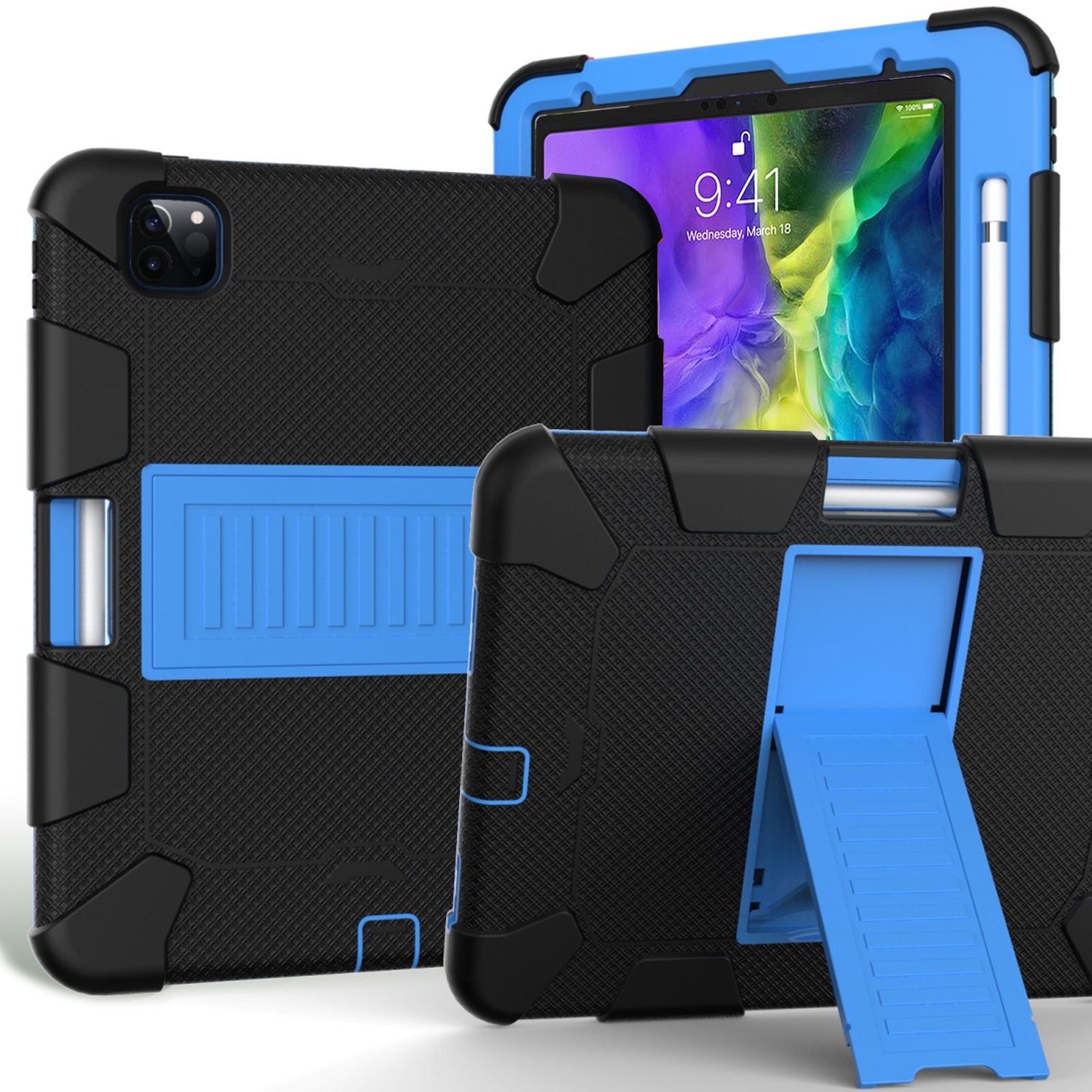 For iPad Pro 11 (2020) Shockproof Two-Color Silicone Protection Tablet Case with Holder & Pen Slot(Black+Blue) - Shopkiz.com