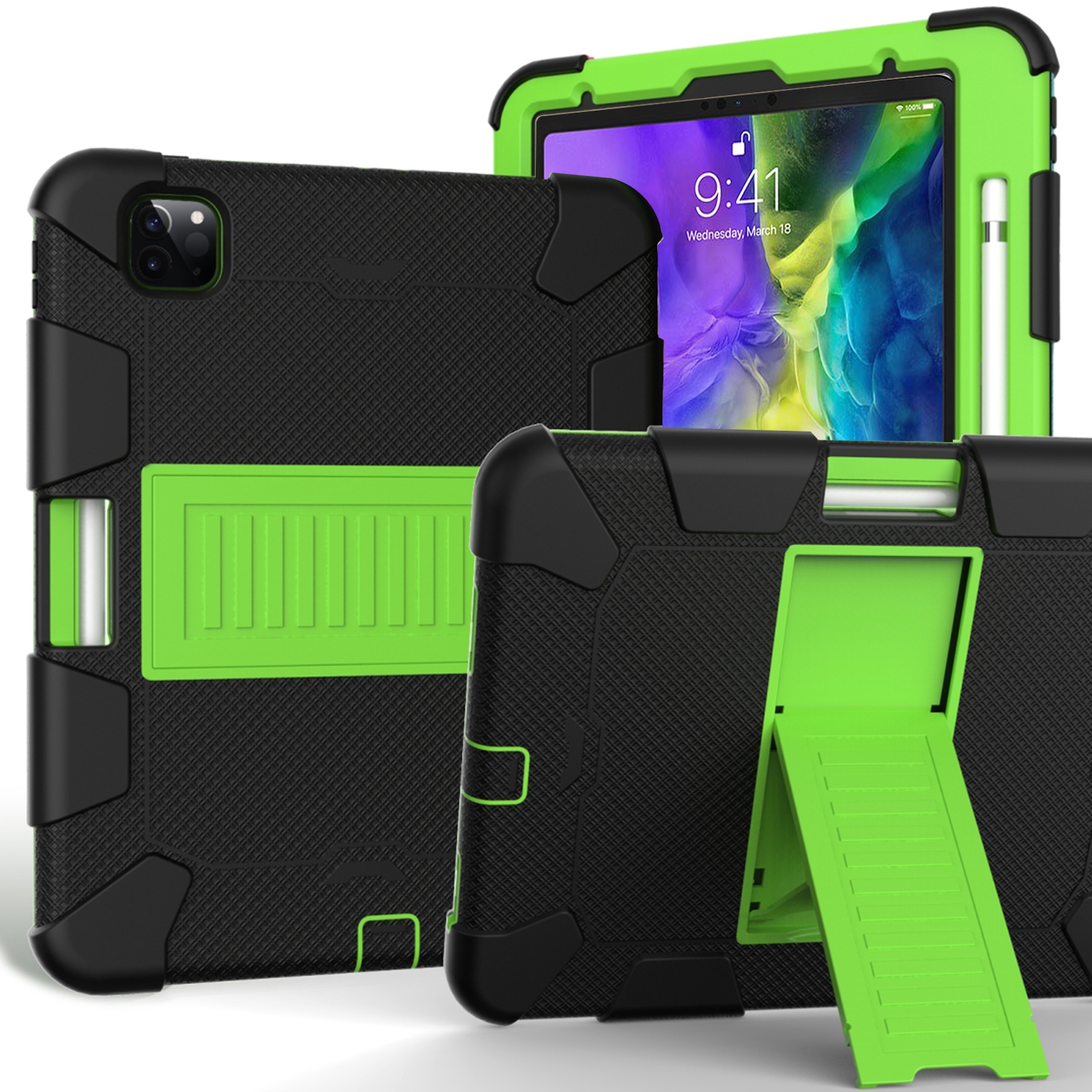 For iPad Pro 11 (2020) Shockproof Two-Color Silicone Protection Tablet Case with Holder & Pen Slot(Black+Olivine) - Shopkiz.com