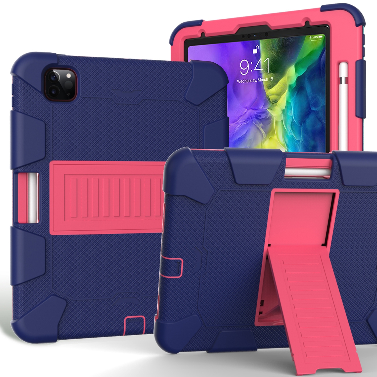 For iPad Pro 11 (2020) Shockproof Two-Color Silicone Protection Tablet Case with Holder & Pen Slot(Navy+Hot Pink) - Shopkiz.com