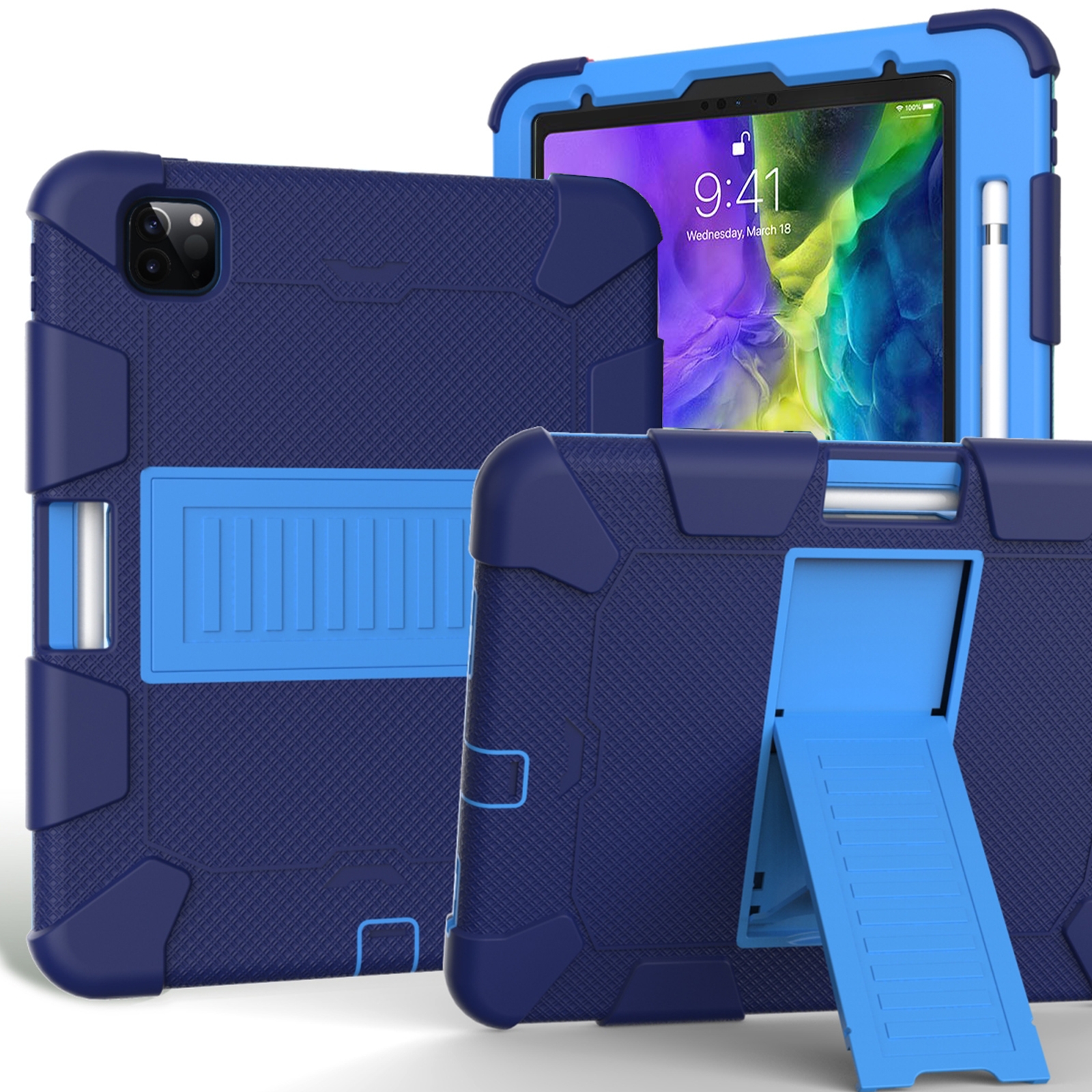For iPad Pro 11 (2020) Shockproof Two-Color Silicone Protection Tablet Case with Holder & Pen Slot(Navy+Blue) - Shopkiz.com