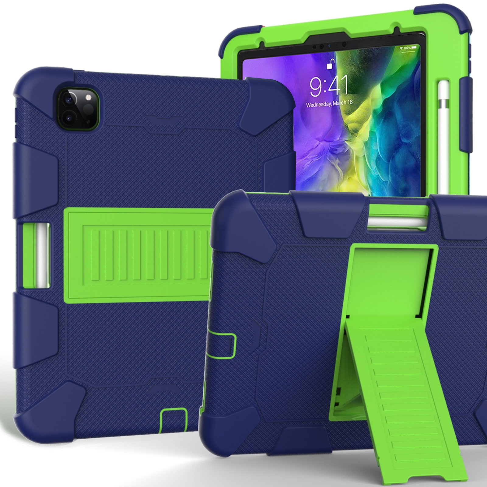 For iPad Pro 11 (2020) Shockproof Two-Color Silicone Protection Tablet Case with Holder & Pen Slot(Navy+Olivine) - Shopkiz.com