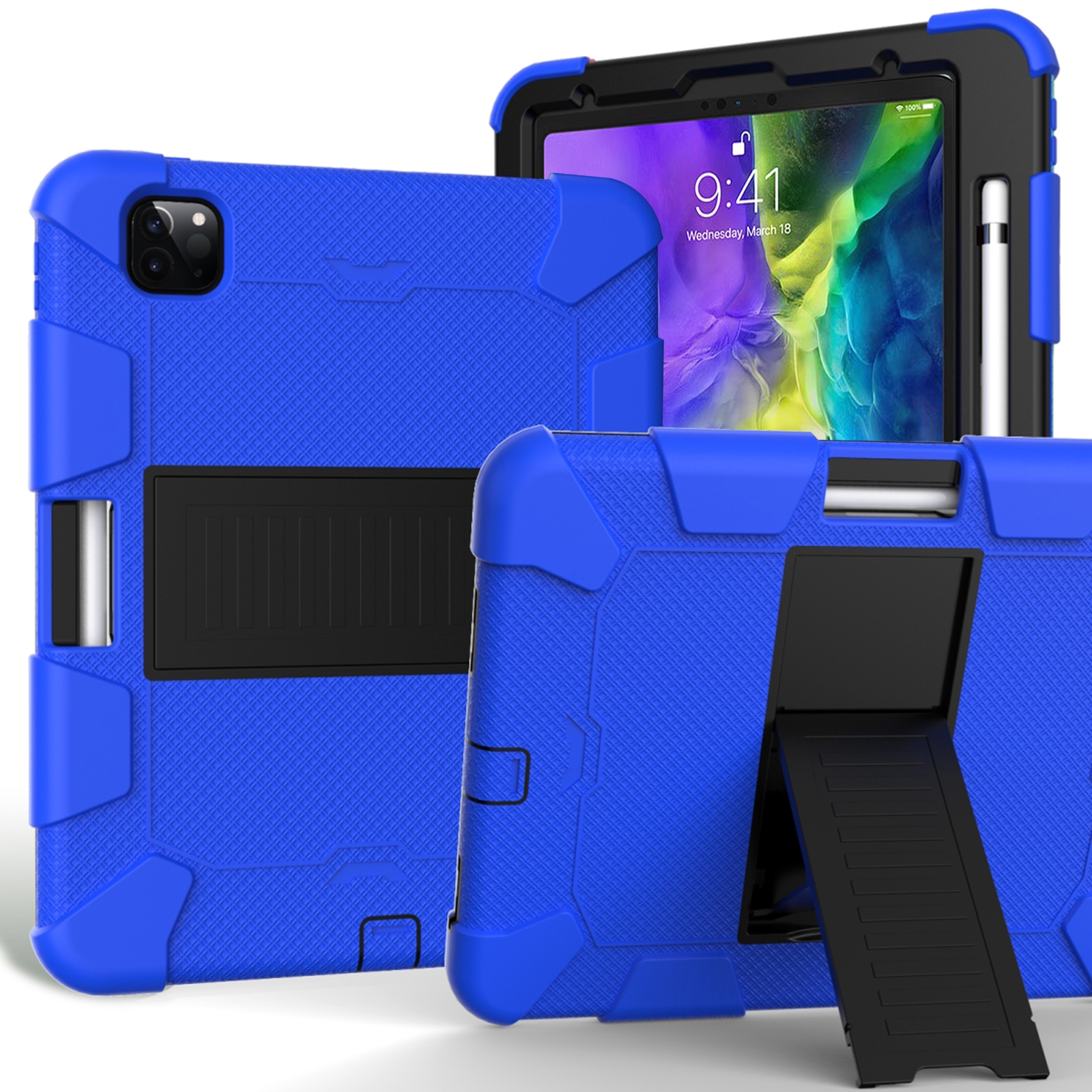 For iPad Pro 11 (2020) Shockproof Two-Color Silicone Protection Tablet Case with Holder & Pen Slot(Blue+Black) - Shopkiz.com