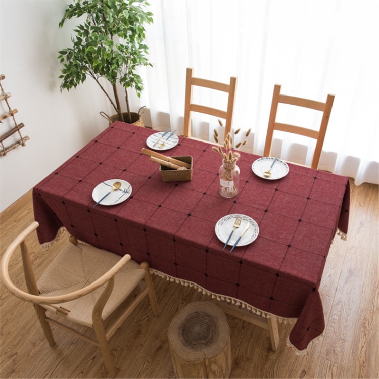 Square Lattice Embroidered Tablecloth Pure Color Cotton Linen Tassel Rectangular Coffee Table Mat, Size:140x180cm(Red) - Shopkiz.com