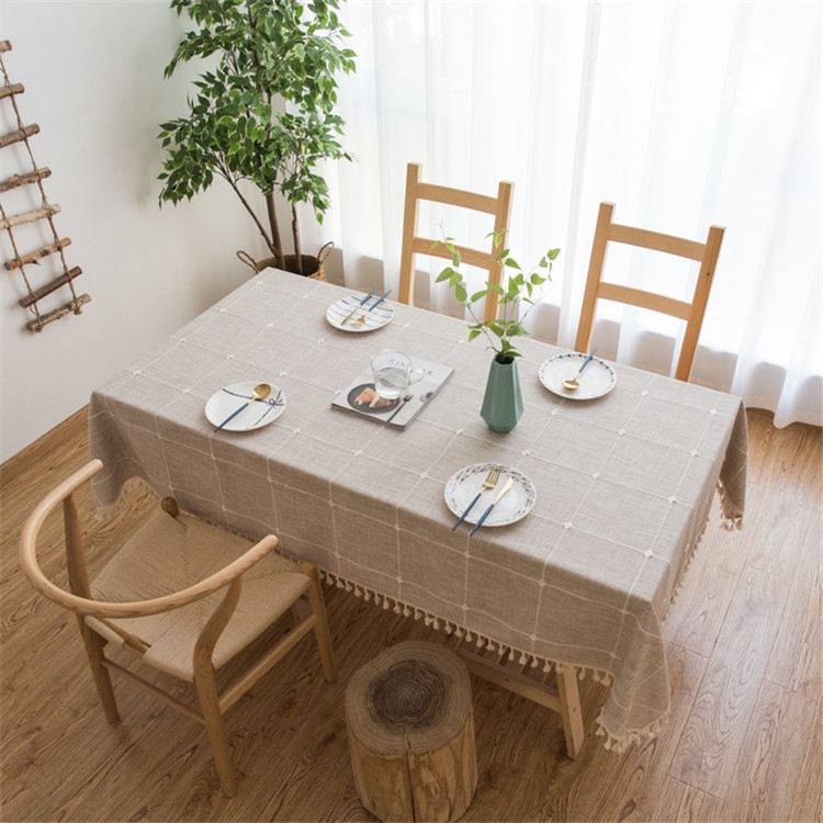 Square Lattice Embroidered Tablecloth Pure Color Cotton Linen Tassel Rectangular Coffee Table Mat, Size:140x220cm(Brown) - Shopkiz.com