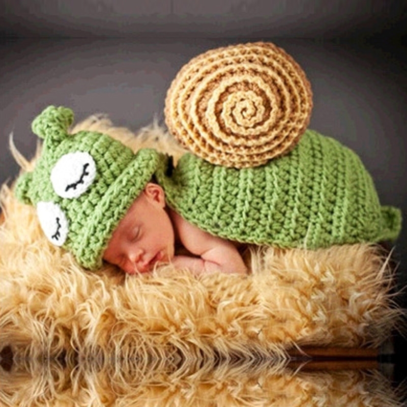 Green Snail White Eyes Newborn Baby Photography Clothes Hand Knitting Hundred Days Baby Photograph Props - Shopkiz.com