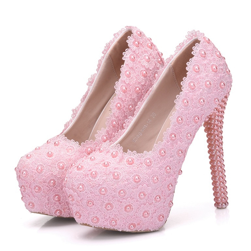Pearl Lace Wedding Shoes Stiletto Women High Heels, Size:39(Pink)
