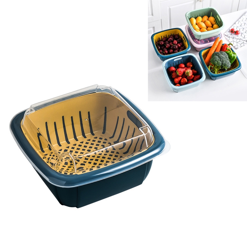 Creative Multifunctional Double-deck Drain Basket Kitchen Refrigerator Fresh Box Plastic Fruit Storage Basket with Lid(Yellow) - Shopkiz.com