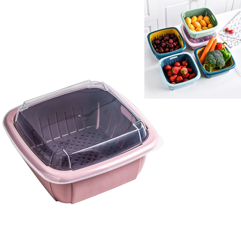 Creative Multifunctional Double-deck Drain Basket Kitchen Refrigerator Fresh Box Plastic Fruit Storage Basket with Lid(Pink) - Shopkiz.com