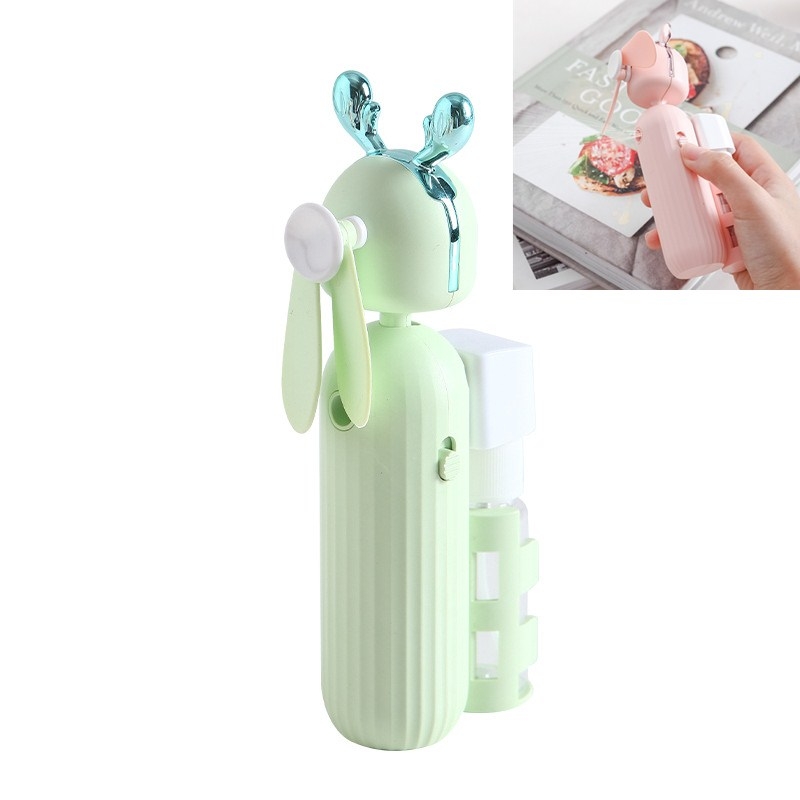 Handheld Spray Disinfection Fan USB Charging Mini Outdoor Replenishment Fan, Style:Deer Ears(Green) - Shopkiz.com