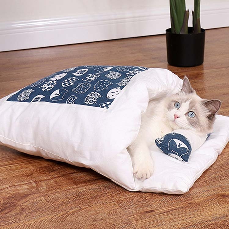 Closed Removable and Washable Cat Litter Sleeping Bag Winter Warm Dog Kennel, Size: L(Navy Blue Cat) - Shopkiz.com