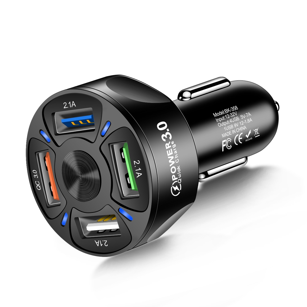 BK-358 3A QC3.0 4USB Car Charger One For Four Mobile Phone Car Charger(Black) - Shopkiz.com
