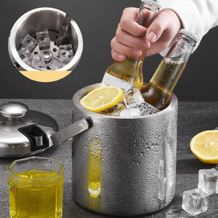 304 Stainless Steel Ice Bucket Double-Layer Hollow Bar Beer Wine Barrel With Ice Clip, Capacity: 1.3L - Shopkiz.com