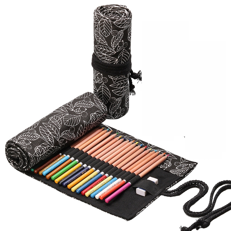 72 Holes Black Leaf Canvas Printing Pen Curtain Large Capacity Roll Pen Bag Sketch Color Lead Pen Bag