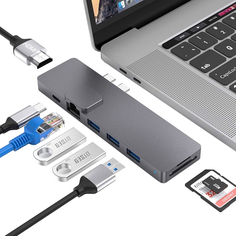 Dual Type-C HUB To RJ45 Gigabit Ethernet Port + USB3.0 + SD/TF Card Reader + HDMI 4K(Grey) - Shopkiz.com