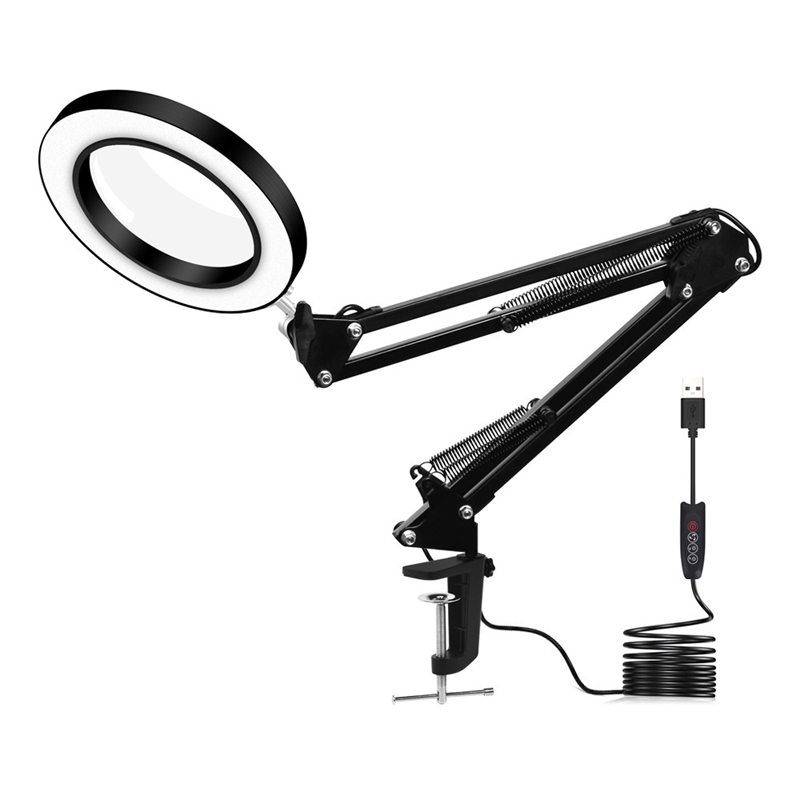 5X Magnifying Glass LED Folding Long Arm Clip Light Eye-protection USB Reading Lamp, Size: Large(Black) - Shopkiz.com