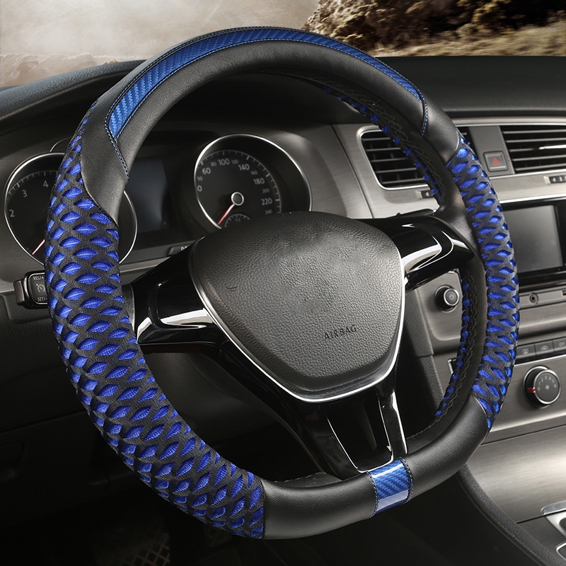 Car Universal Honeycomb Fabric D Type Steering Wheel Cover, Size: 38cm(Black Blue) - Shopkiz.com