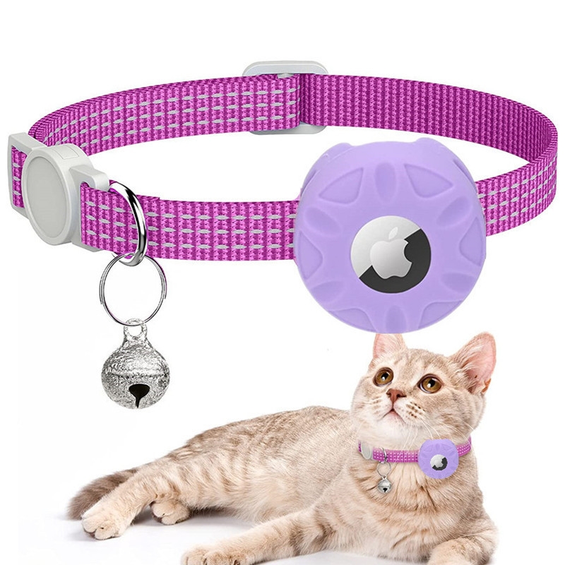 For AirTag 2nd Gen / AirTag 1st Gen Tracker Silicone Case Reflective Pet Cat Collar With Bell(Purple) - Shopkiz.com