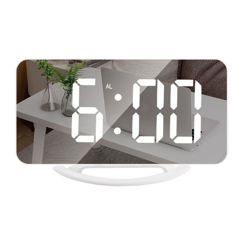 TS-8201 LED Digital Mirror Alarm Clock Big Screen Dual USB Desktop Table Clock, Color: White Shell White Light - Shopkiz.com