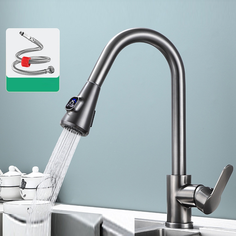 Kitchen Pull-out Universal Telescopic Hot & Cold Water Faucet, Specification: Copper Digital Display Gray - Shopkiz.com