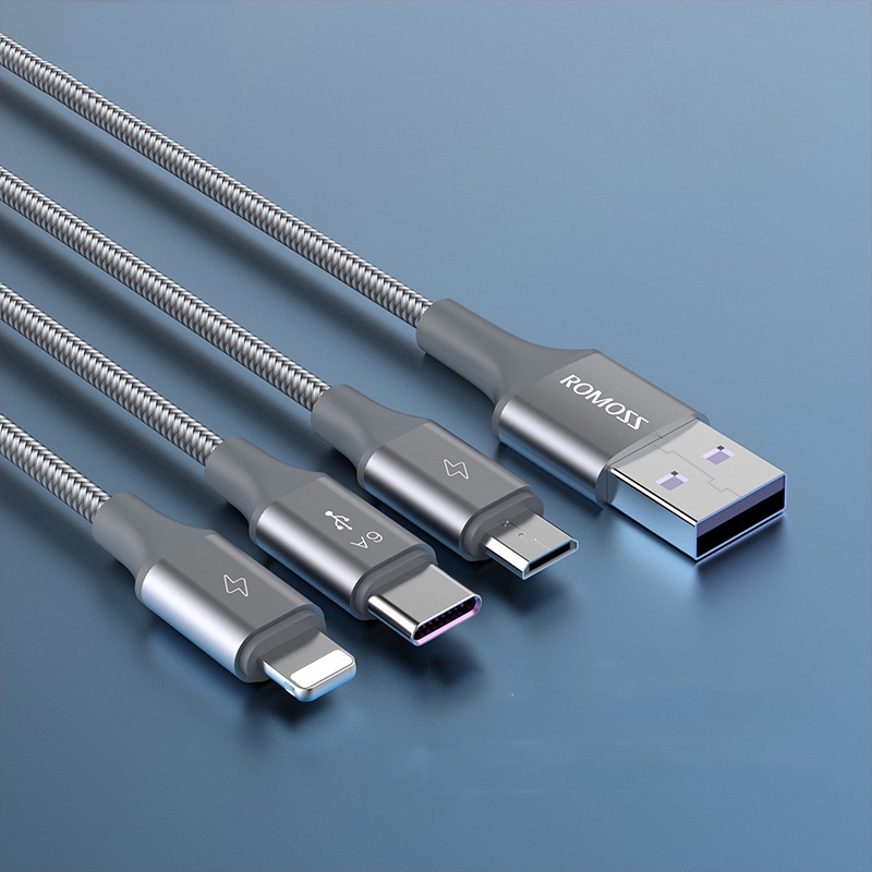 ROMOSS 3-In-1 66W 6A USB To 8 Pin / Type-C / USB-C / Micro Charging Cable Nylon Braid Cord 1.5M(Gray) - Shopkiz.com