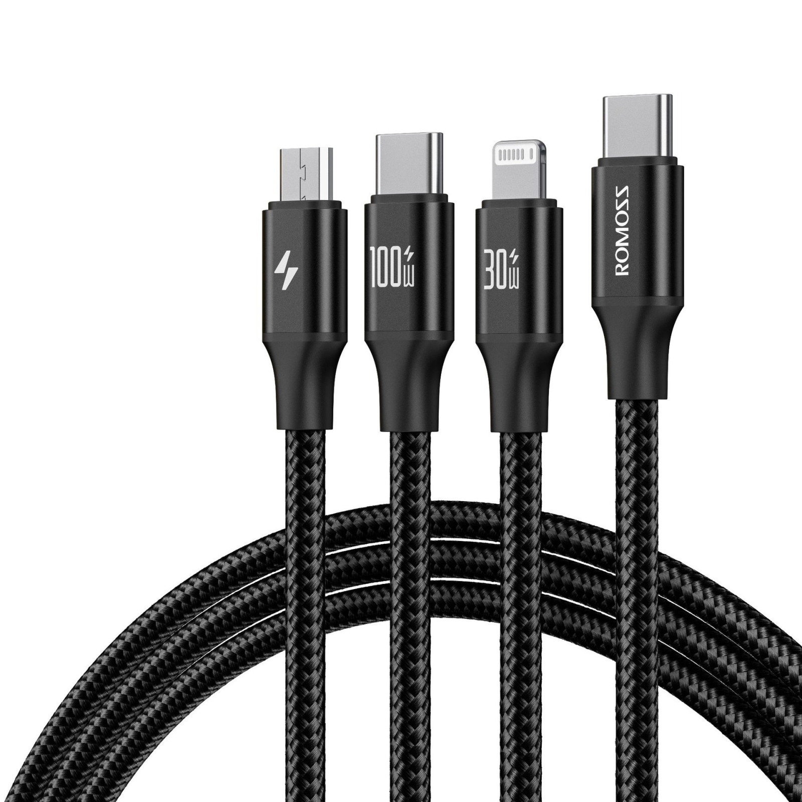 ROMOSS PD100W 3-In-1 Data Cable Type-C/USB-C To 8 Pin & Type-C & Micro Fast Charging Line 1.5m(Black) - Shopkiz.com