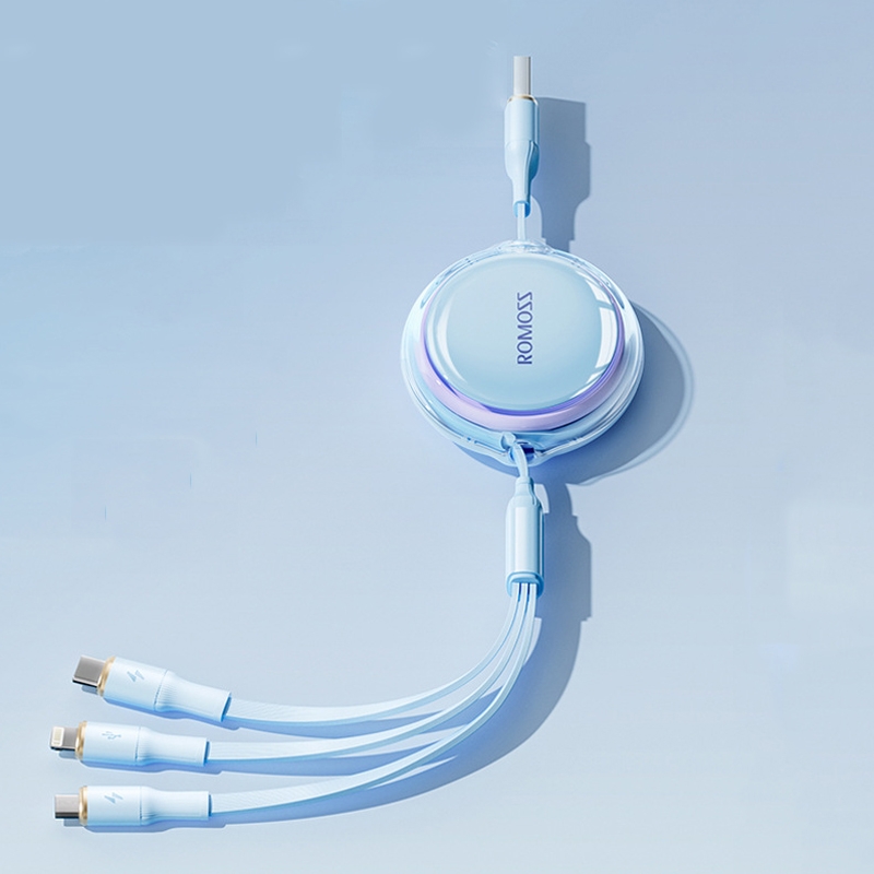 ROMOSS CB258L 6A 3-In-1 Telescopic Data Charging Cable USB-A To Type-C & 8 Pin & Micro Wire 1.1m (Blue) - Shopkiz.com