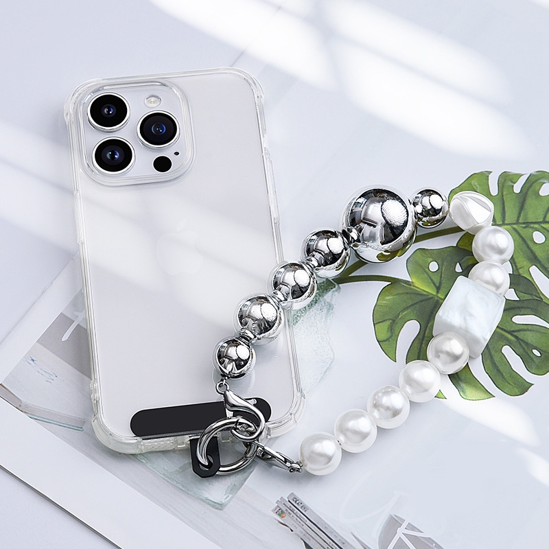 LEEU DESIGN Pearl Chain Mobile Phone Lanyard Camera Wrist Strap Bracelet(Silver White) - Shopkiz.com