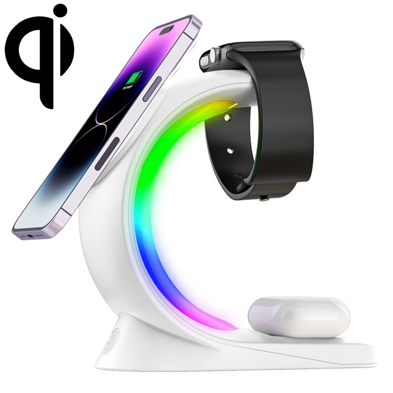 T17 3-in-1 RGB Atmosphere Light MagSafe Phone Watch Earphone Wireless Charger, Color: White with AU Plug - Shopkiz.com